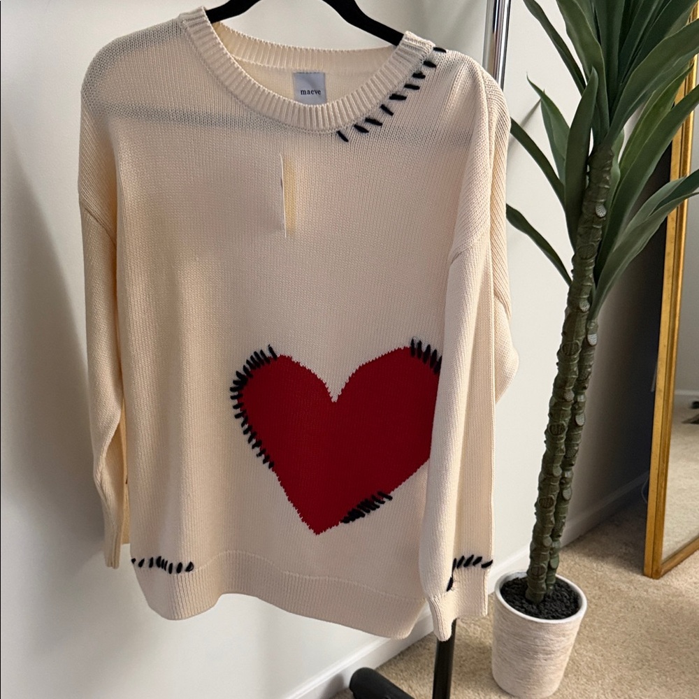 Anthropologie Maeve Crew-Neck Whipstitch Heart Icon Sweater size medium - Picture 5 of 9